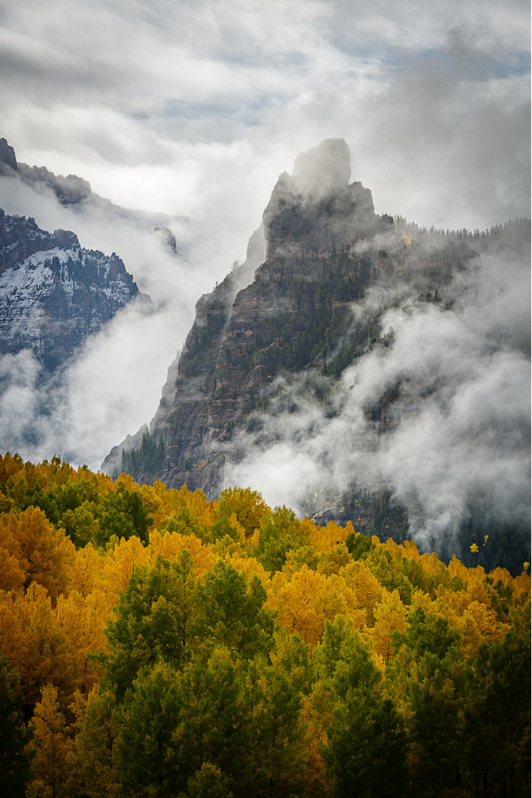 A mountain in clouds with aspens in front.